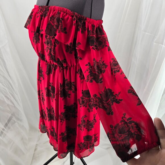 76-17 Torrid Red Roses Chiffon Off Shoulder long sleeve Skater Dress Size 14/16 - Picture 4 of 12